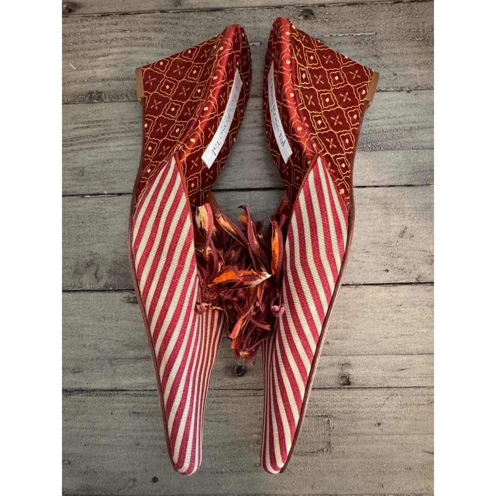 Olivia Rose Tal New York Striped Ribbon Pom Pom Wedge Mules Red White Womens 8 - Picture 3 of 4